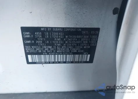 2020 Subaru Outback Premium z USA, uszkodzony, nr VIN 4S4BTACC8L3203745